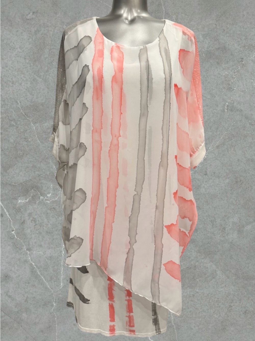 2 for $30 | White Midi Dress with Coral & Gray Watercolor Stripes - Picture 2 of 15